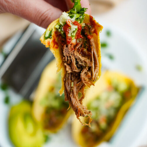 Hand holding shredded Chipotle beef taco with bite taken out of it and two more tacos on a plate behind it.