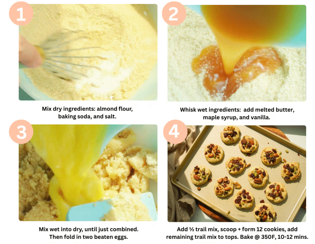 A gallery image of 4 steps showing how to make trail mix cookies.