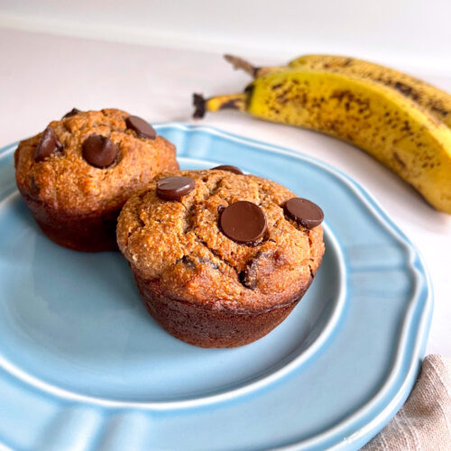 healthy banana bread dark chocolate chunk muffins on a blue plate ready to eat