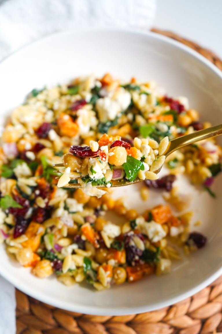 Roasted vegetable and orzo salad with maple mustard dressing, perfect for lunches or holiday sides.