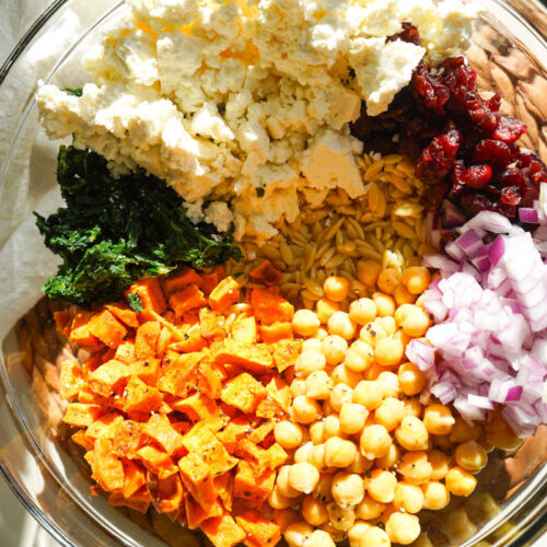 Roasted vegetable and orzo salad with maple mustard dressing, perfect for lunches or holiday sides.