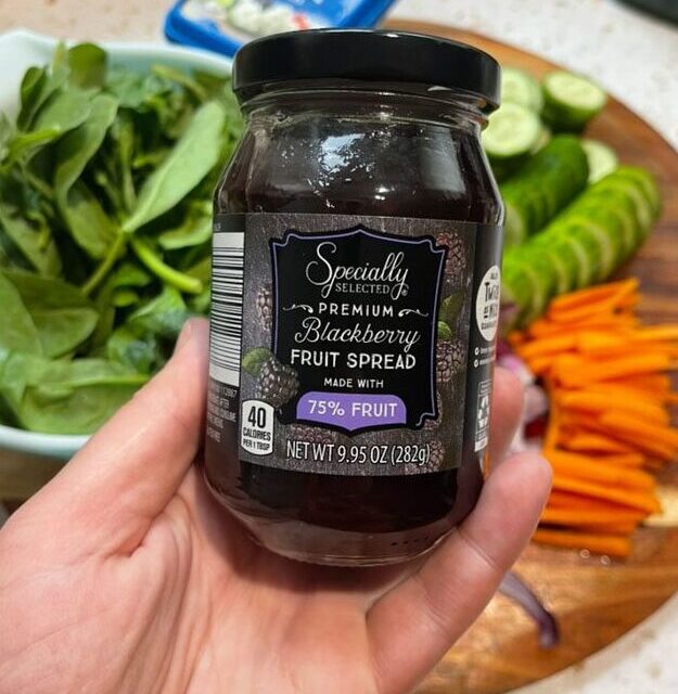 close up ingredient call out for blackberry preserves for making a blackberry balsamic dressing