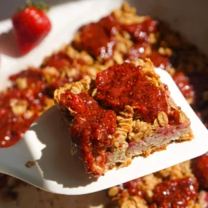 Close-up shot of a baked oat square topped with vibrant strawberry chia jam being lifted on a white spatula over a baking pan.