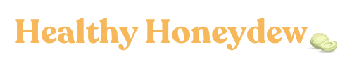 Healthy Honeydew logo in warm golden serif font with honeydew melon emoji