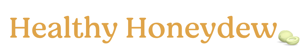 Healthy Honeydew logo in warm golden serif font with honeydew melon icon