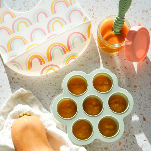 Overhead view of silicone baby food freezer tray with orange squash puree and rainbow bib.